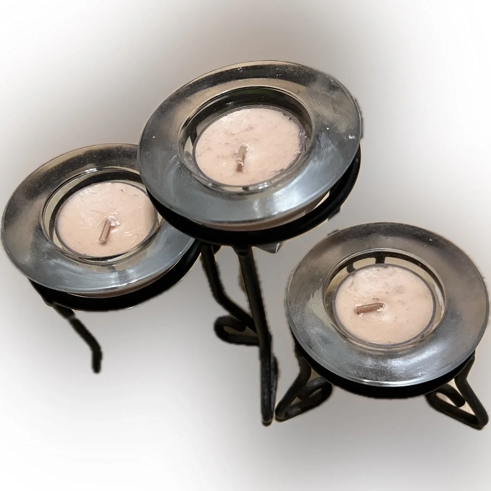 3 Piece Tea Light Diamond Sgaped Glass Candle Holder Set Metal Stand 3 Sizes